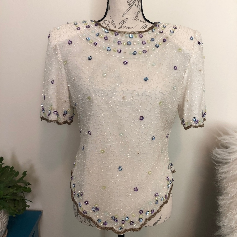 Vintage Lawrence Kazar White Beaded Top